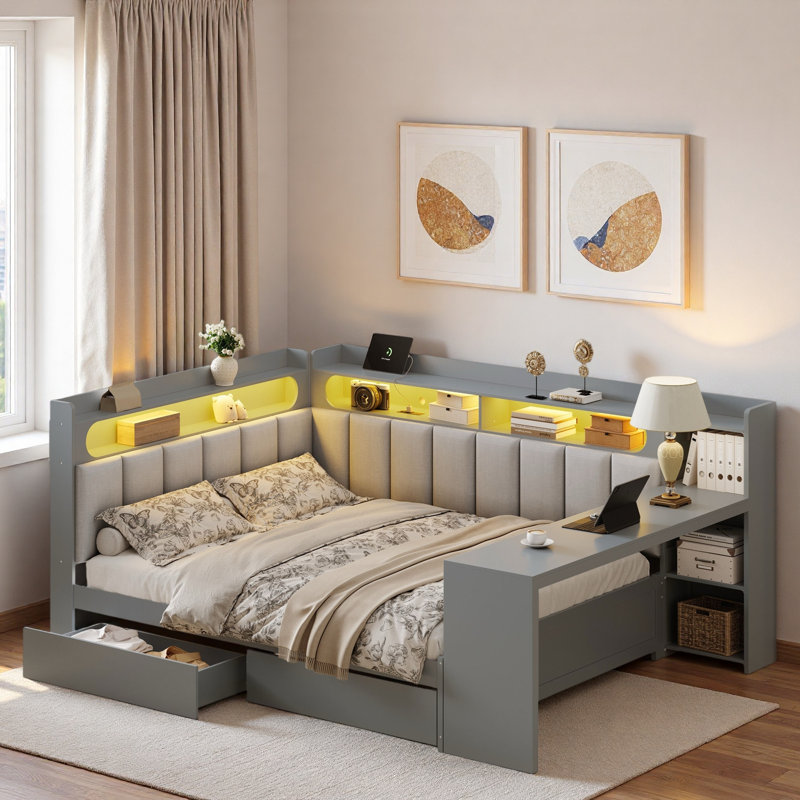 Upholstered Daybed With Storage Shelves, Drawers, Charging Station, Led Light And Desk, Gray