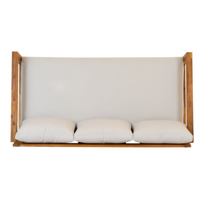 TOPMAX Patio Acacia Wood 3-seater Sofa Outdoor Low Seating Daybed for Poolside,Backyard,Deck, Front Porch,Indoor Use, Teak+Light Gray