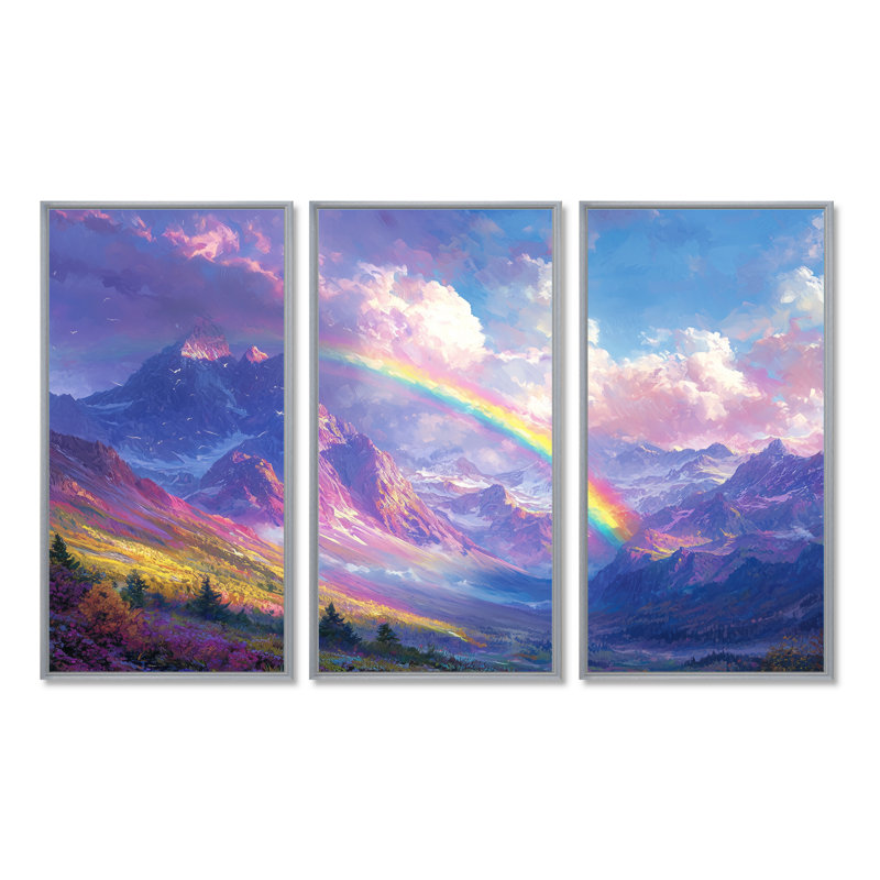 Arc-en-ciel dans les montagnes I - art mural arc-en-ciel - ensemble de 3, H 32 po x l 48 po, Argent argent