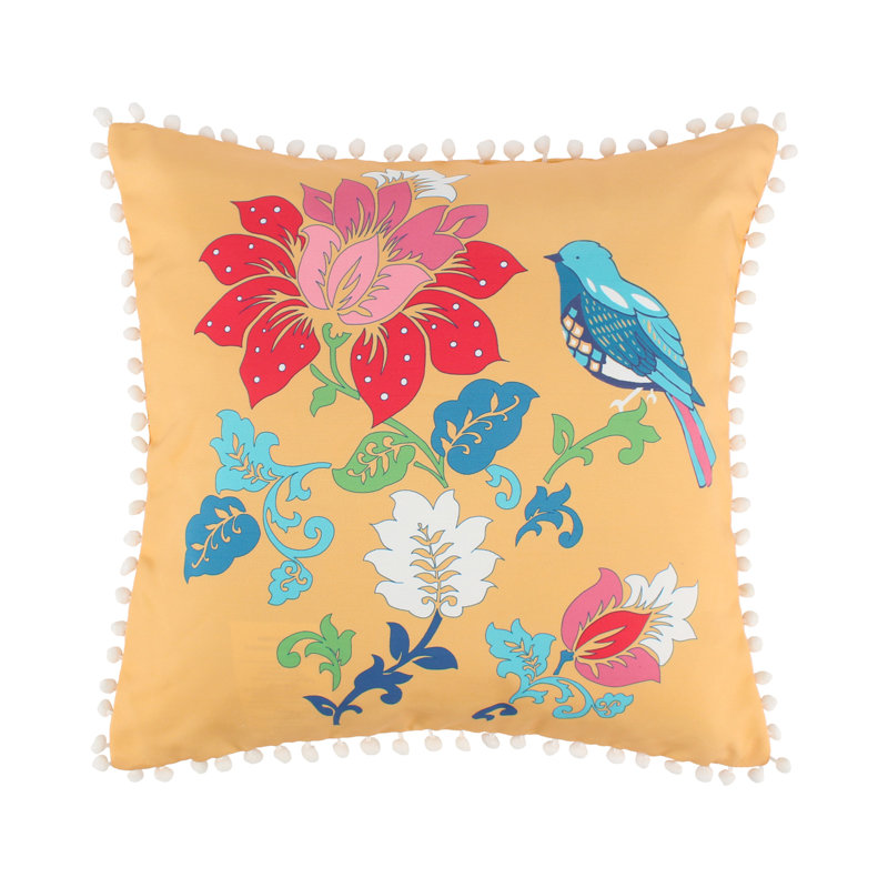Thalia Embroidered Yellow and Blue Throw Pillow Set with Pom Poms