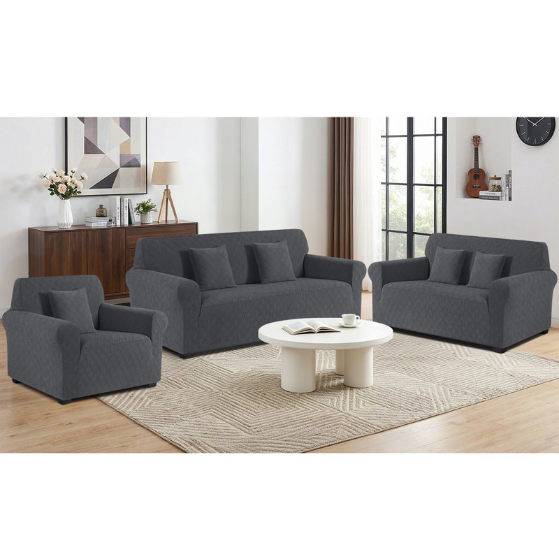 Housses de canapé 1 pièce avec housse de coussin 1 ou 2 en 3 en jacquard extensible toutes saisons, Gris foncé
