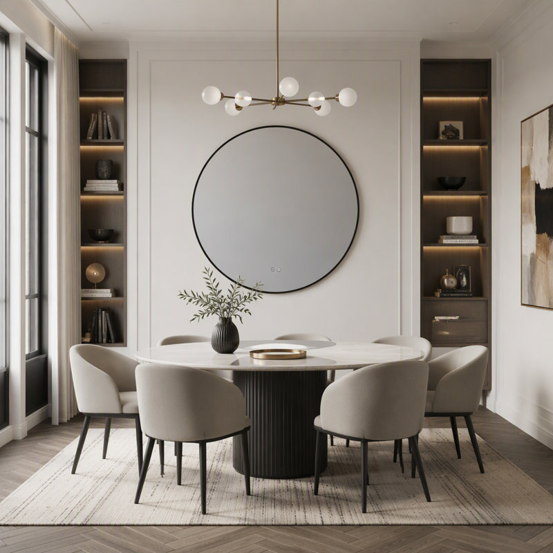 Miroir de salle de bain rond de 28 pouces avec cadre en aluminium noir, éclairage DEL à intensité variable et traitement antibuée