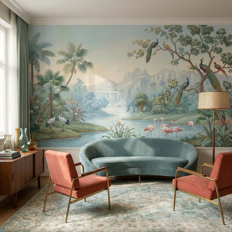 Papier peint rivière tropicale avec oiseaux tropicaux, Non tissé non collé, 160 po x 108 po