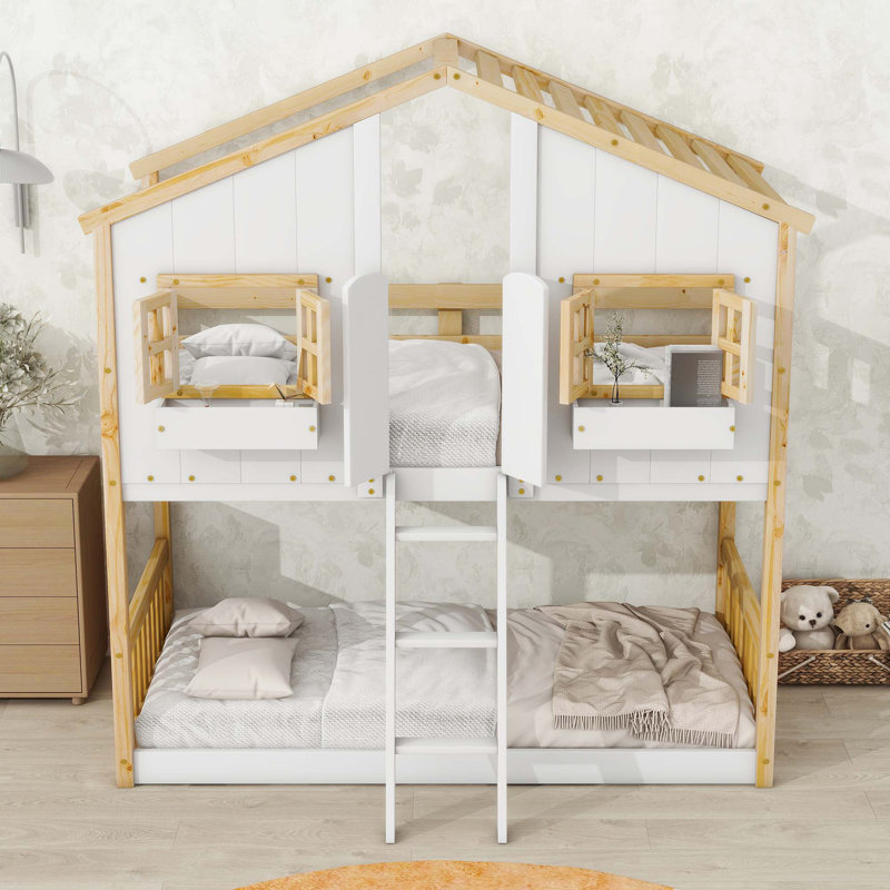 Lit superposé House avec toit, fenêtre, boîte de fenêtre, porte, avec barrières de sécurité et échelle