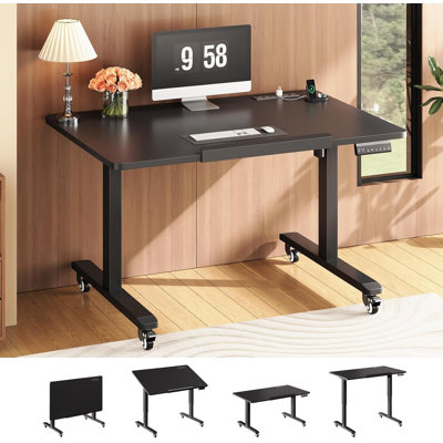 Electric Standing Desk, 180° Tiltable Mobile Rising Computer Desk Height Adjustable with Wheels for Drawing/Writing/Gaming/Study/Home Office/Small Space, Black