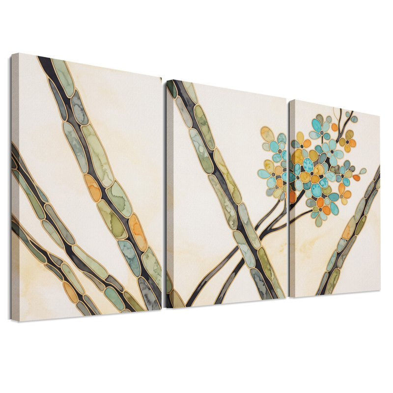 Ensemble de 3 toiles murales représentant des branches florales en vitrail turquoise et orange, 30"H x 20"W x 3pcs
