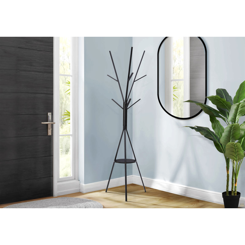 Coat Rack, 72"h, Bedroom, Entryway, Hall Tree, 6 Hooks, Black Metal, Contemporary, Modern, Black