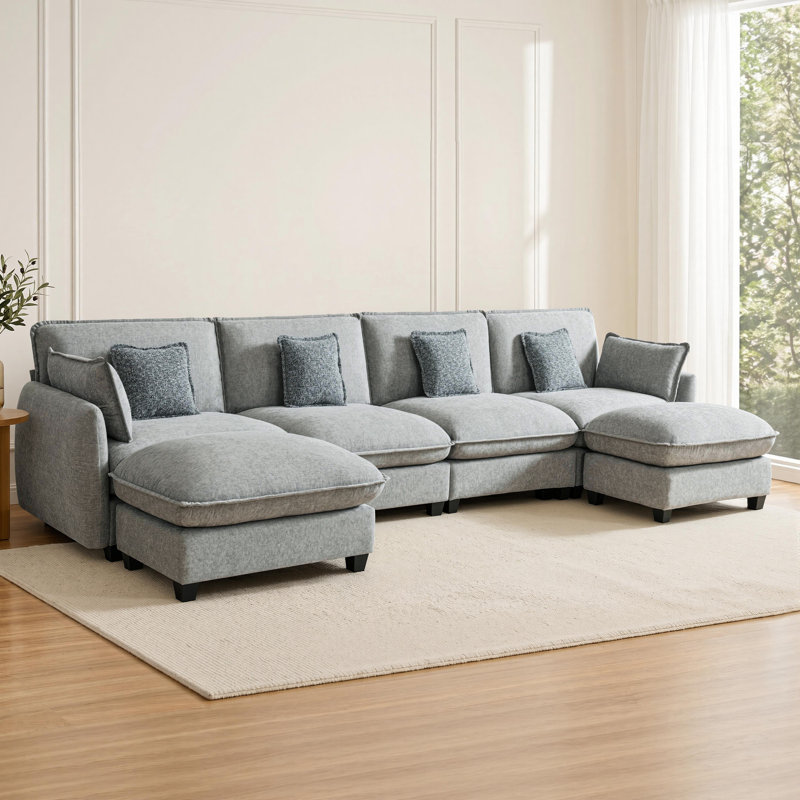 Oversized Modular Sectional Sofa, 4 Seat U shaped Cloud Sectional Couch with 2 Ottomans, Gray Fabric