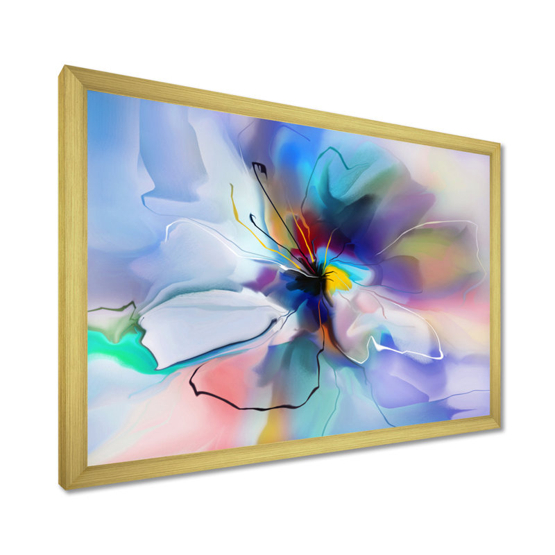 Fleur abstraite, création et impression bleue, H 34 po x l 44 po, Cadre doré