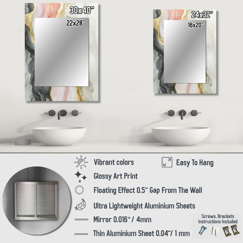 Celestial Pink Balance Of Sinai Pearl Marble III - Transitional Large Mirror, Modern Unique Wall Mirror Decor, Printed Metal Art
