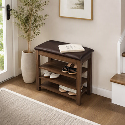 Banc à chaussures en bois réglable en hauteur avec rangement dissimulé et siège confortable en cuir PU, idéal pour les petits appartements