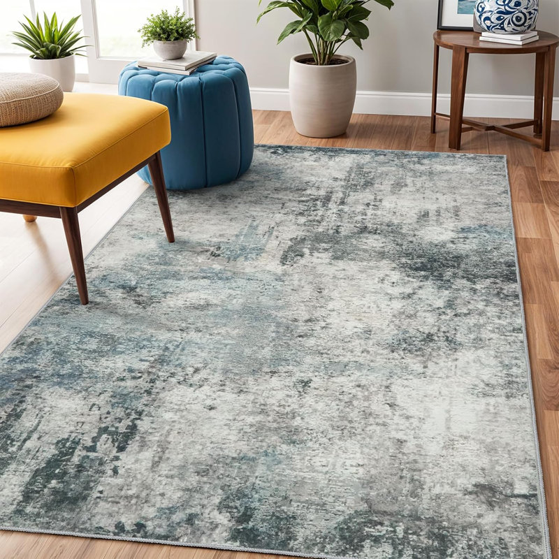Willington Washable Abstract Area Rug, Low Pile Non Slip Stain Resistant Distressed Indoor Decor Carpet, Gray/Blue, Perfect for Living Room Bedroom Dining Room Entryway Office