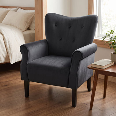 Mid-Century Modern Wingback Accent Chair, Black High-Back Club Armchair with Sturdy Wood Legs & Padded Armrests, Upholstered Polyester Comfy Chair for Living Room Bedroom Office