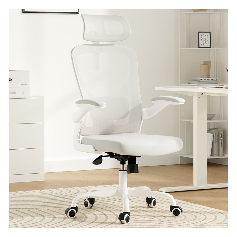Chaise de bureau ergonomique avec support lombaire réglable, chaise de bureau à haut dossier avec appui-tête et accoudoirs rabattables, chaise d'ordinateur en filet respirant pour salle d'étude de bureau à domicile - blanc et gris