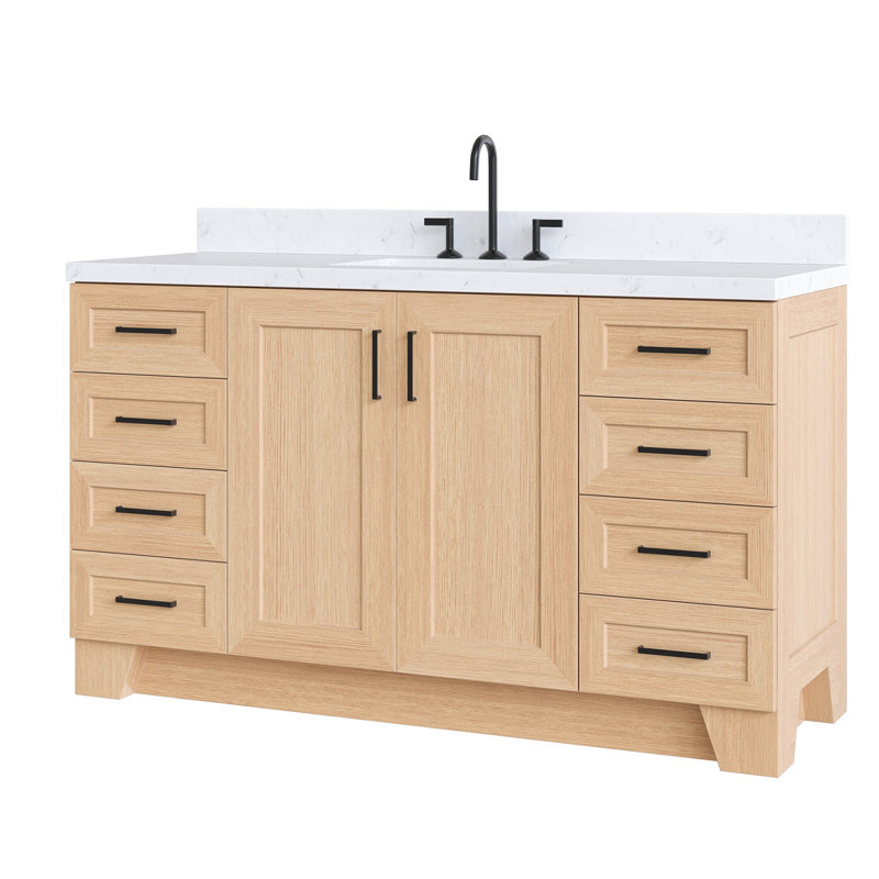 61 IN.  Single Bathroom Vanity, Rectangle, Natural Oak, Carrara Quartz