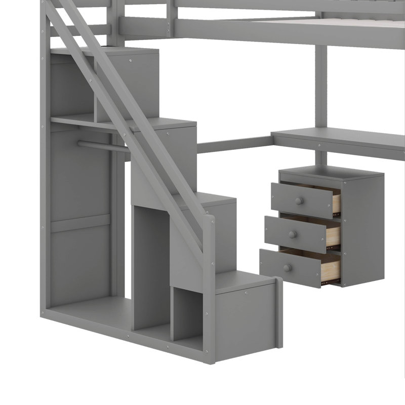 Lit mezzanine double avec commode, bureau et bande lumineuse, Gris, Lit double