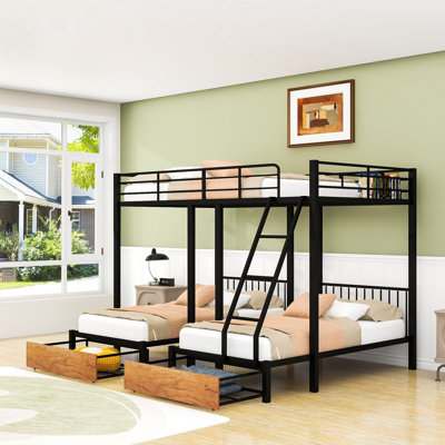 Full Over Twin And Twin Triple Bunk Bed With Drawers And Guardrails