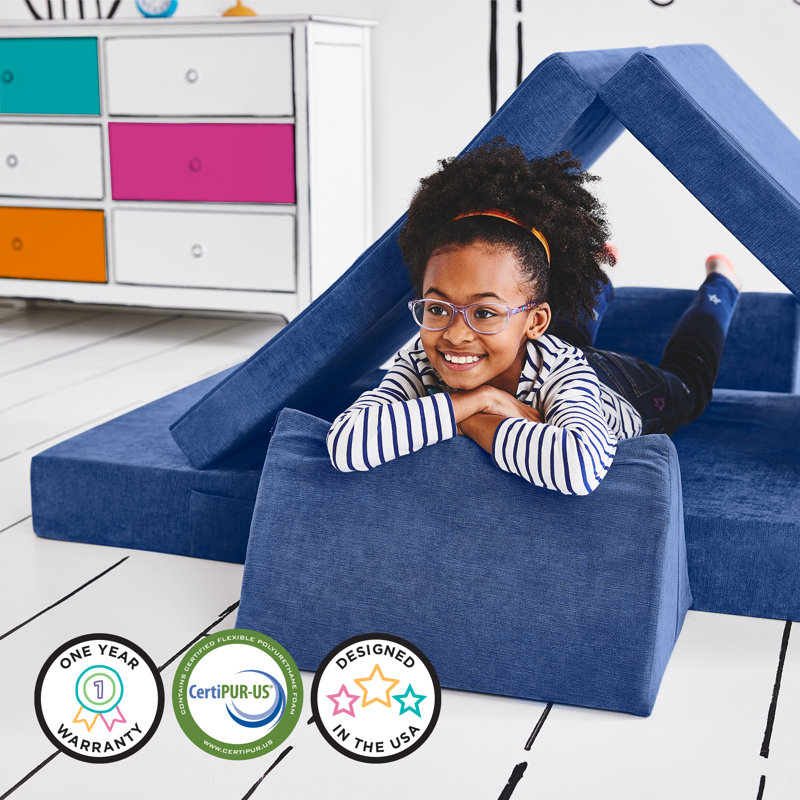 Yourigami Kids and Toddler Play Couch, Convertible Folding Sofa, Durable Foam Modular Design, Dark Blue