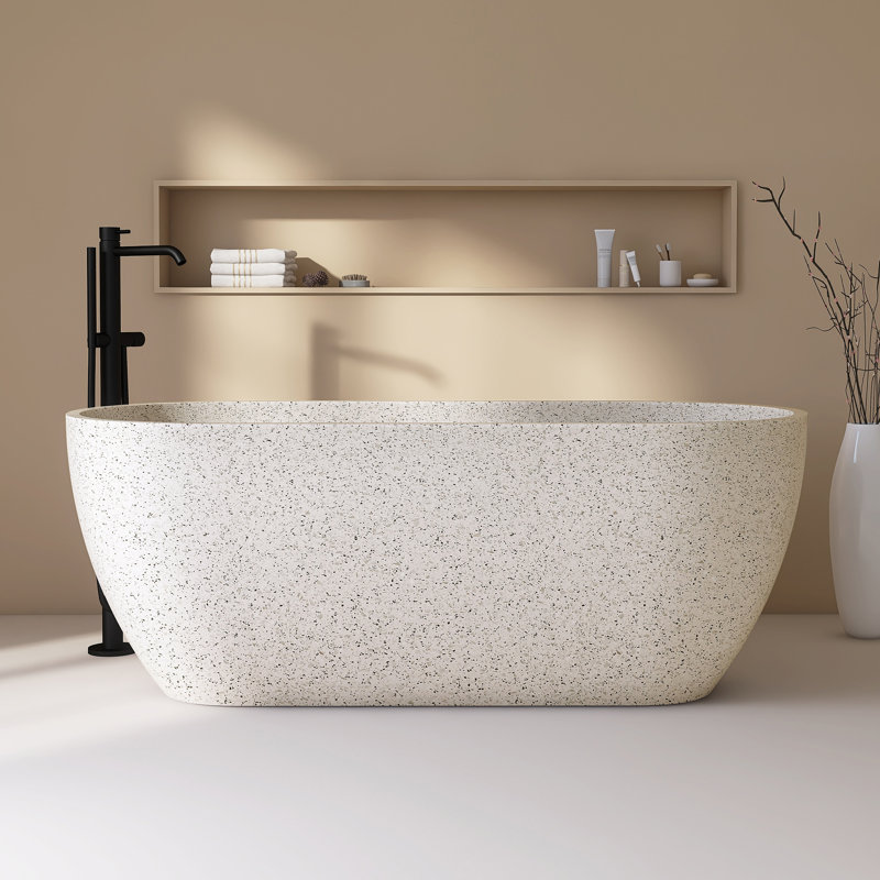  63" x 31" Freestanding Terrazzo Bathtub Solid Surface Soaking Tub, Cream