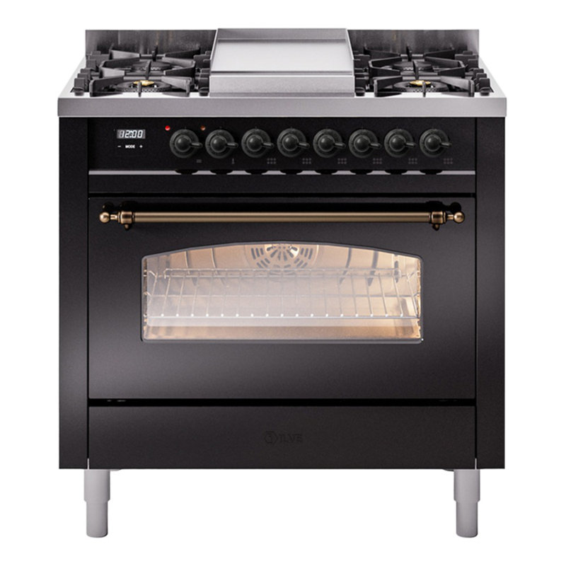 ILVE Nostalgie II Series 36 inch Dual Fuel Range with 6 Burners, Griddle (Glass Door), Glossy Black/Bronze, Natural Gas