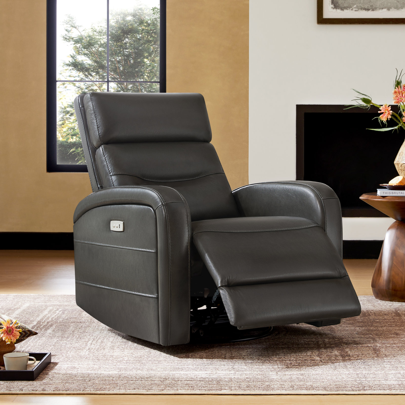 Wyat 33" Genuine Leather Swivel Power Recliner, Impression Dark Grey Top Grain Leather