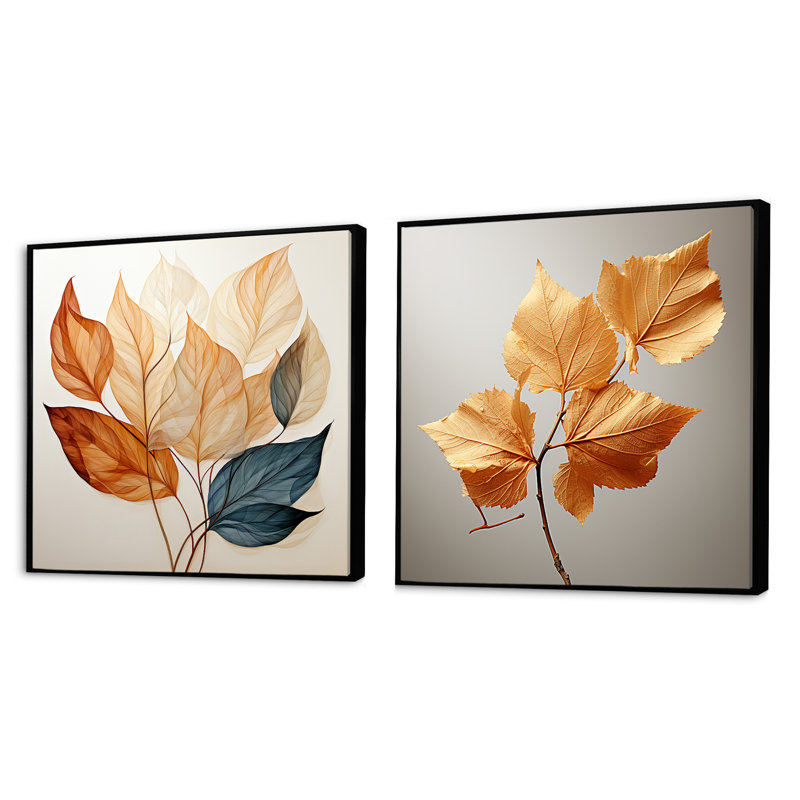 Cuivre feuillu abstractions - ensemble de 2 feuilles carrées, Cadre flottant noir, H 30 po x l 61 po