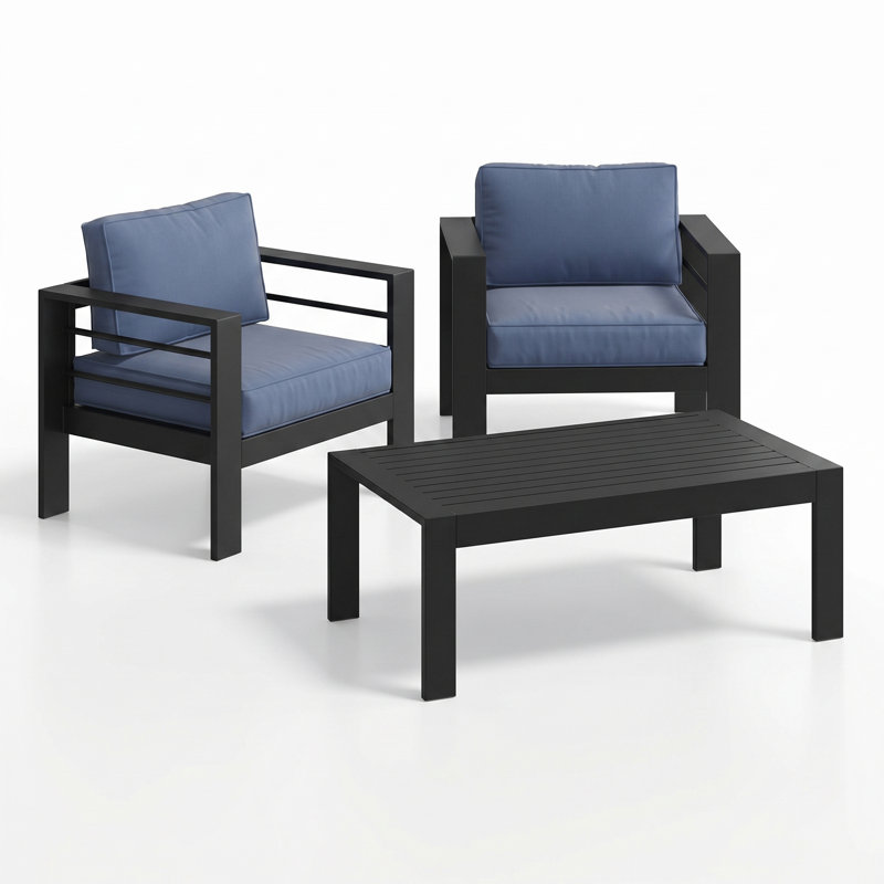 2-person All Aluminum Outdoor Conversation Set With Cushions, Blue, 3 Pcs: 2 Chairs, Coffee Table, Black