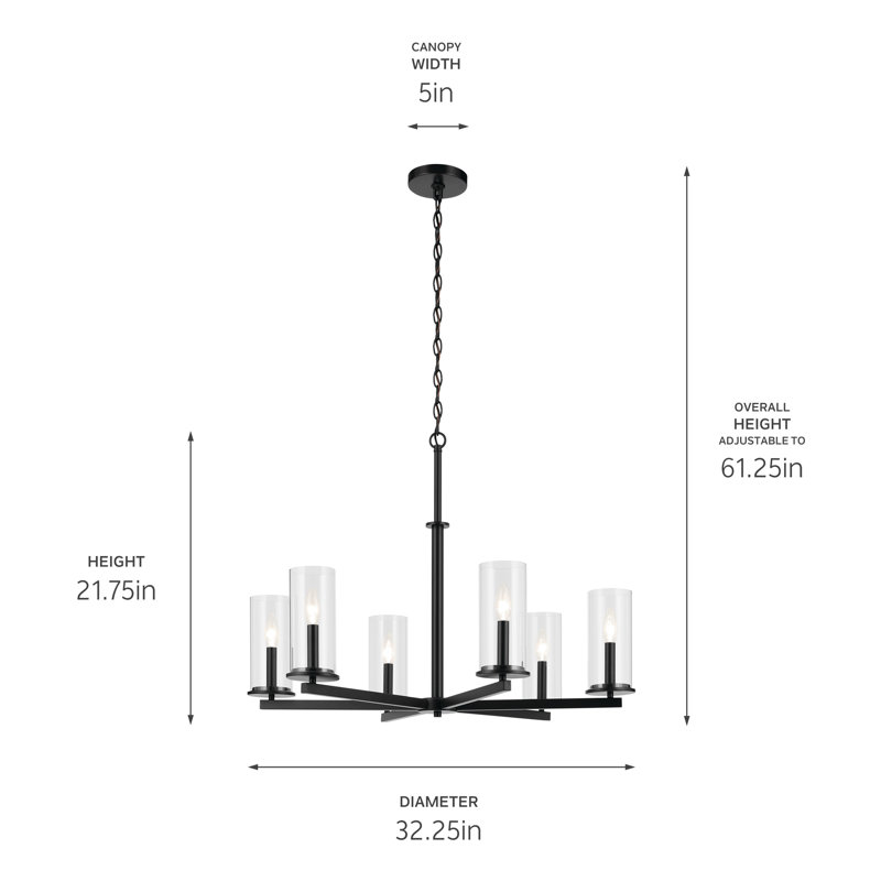 Lustre 6 lumières 21,75 "21,75", Noir satiné
