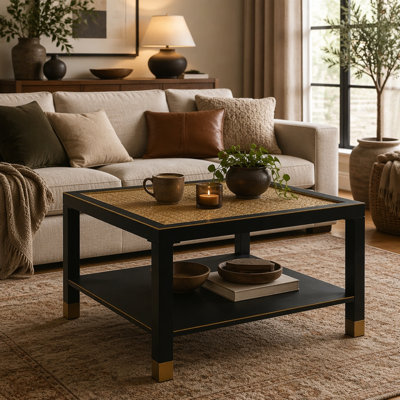 Table basse industrielle carrée - structure en acier noir mat 27,6 po et plateau en verre doré