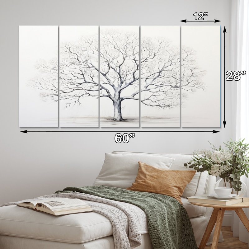 White Tree Monochrome Simplicity - Floral Wall Art Living Room - 5 Equal Panels