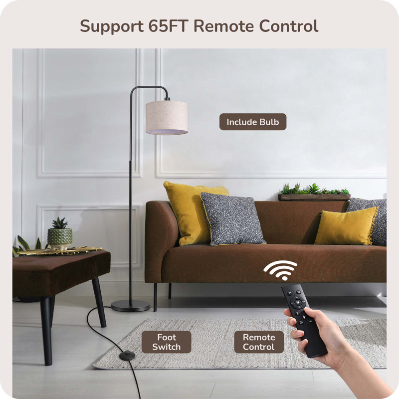 Ellingsworth 63'' Arched/Arc Floor Lamp with Dimmable Bulb and Remote Control, Black