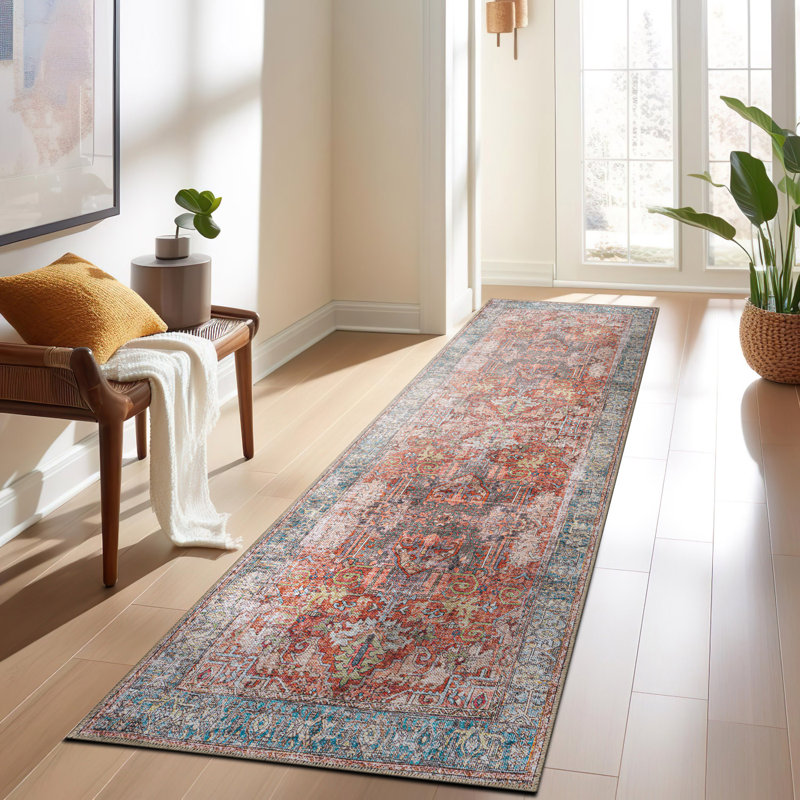 Tapis oriental lavable à la machine rouge / bleu Labarbera, Tapis de couloir 2 pi 6 po x 12 pi