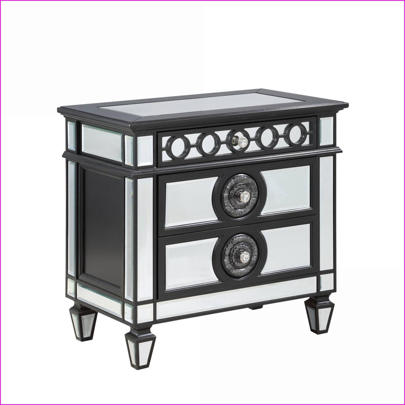 Noir glamour Table de chevet en bois à miroir 2 tiroirs pour chambre à coucher, Argent argent