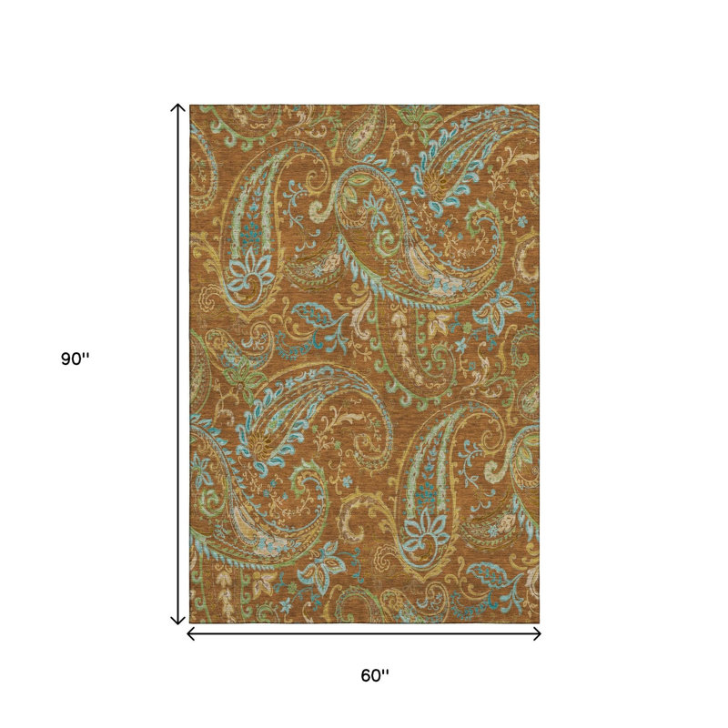Tapis lavable motif cachemire bleu rouille et vert 5 pi x 8 pi avec protection UV