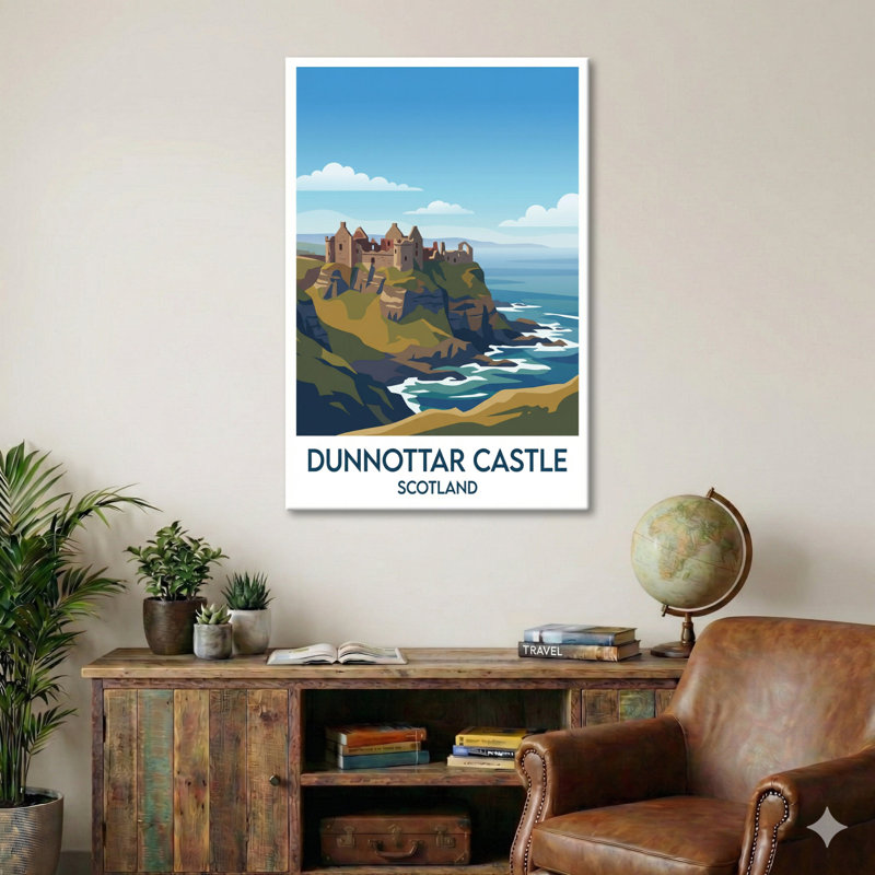Dunnottar Castle, Scotland - Coastal Castle Travel Poster Celebrating Dramatic Cliffs. Giclee Print On Wrapped Canvas. Wall Art, Home Decor - Castles & Palaces, Scotland - Wrapped Canvas Print