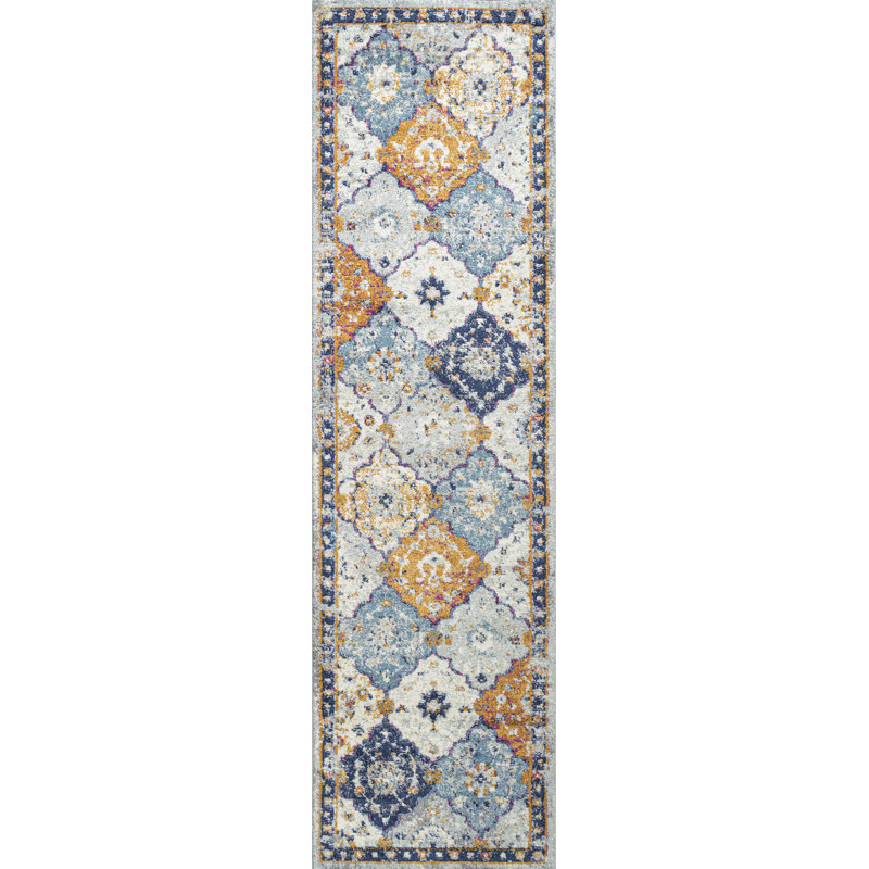 Kirman Bohemian Medallion Light Gray/Blue/Orange Rug, Runner 2'3" X 8'