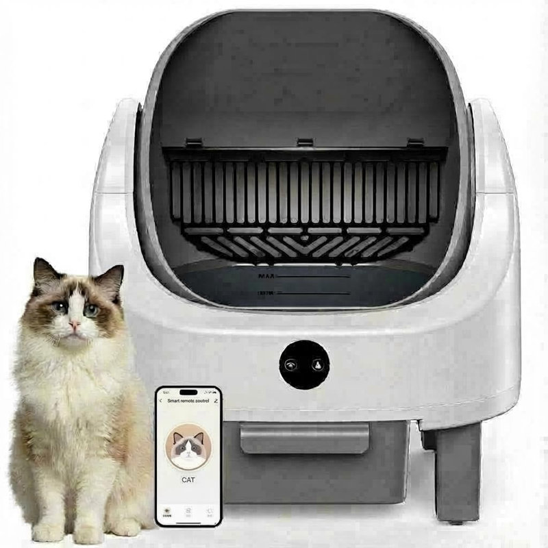 Litière pour chat très grande autonettoyante - chats multiples, contrôle intelligent de l'application, 11 capteurs de sécurité, capacité de 9 L, contrôle des odeurs, faible bruit, nettoyage mains libres, conception ouverte - filet blanc + orange