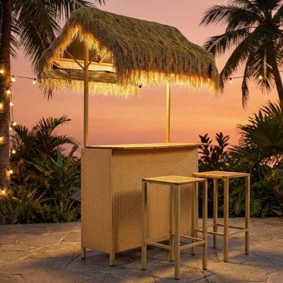 Acacia Wood Patio Bar Set With Grass Canopy – Adjustable Height Outdoor Bar Table & Stools For Dining & Entertaining