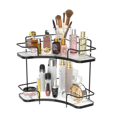 Organisateur de coin de comptoir de salle de bain à 2 niveaux, plateau de parfum de comptoir, tablette de meuble-lavabo, organisateurs de maquillage cosmétiques, noir élégant