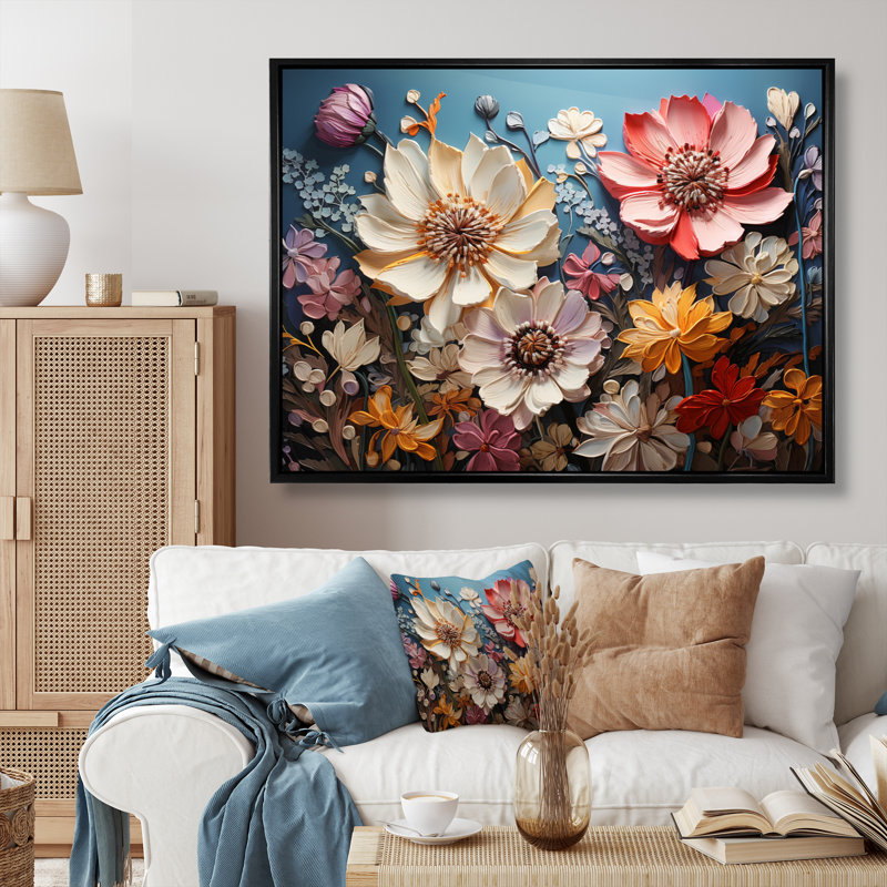 «White Pink Wildflowers Natures Symphony IV», reproduction d'art sur toile, H 12 po x l 20 po x P 1 po, Cadre flottant noir