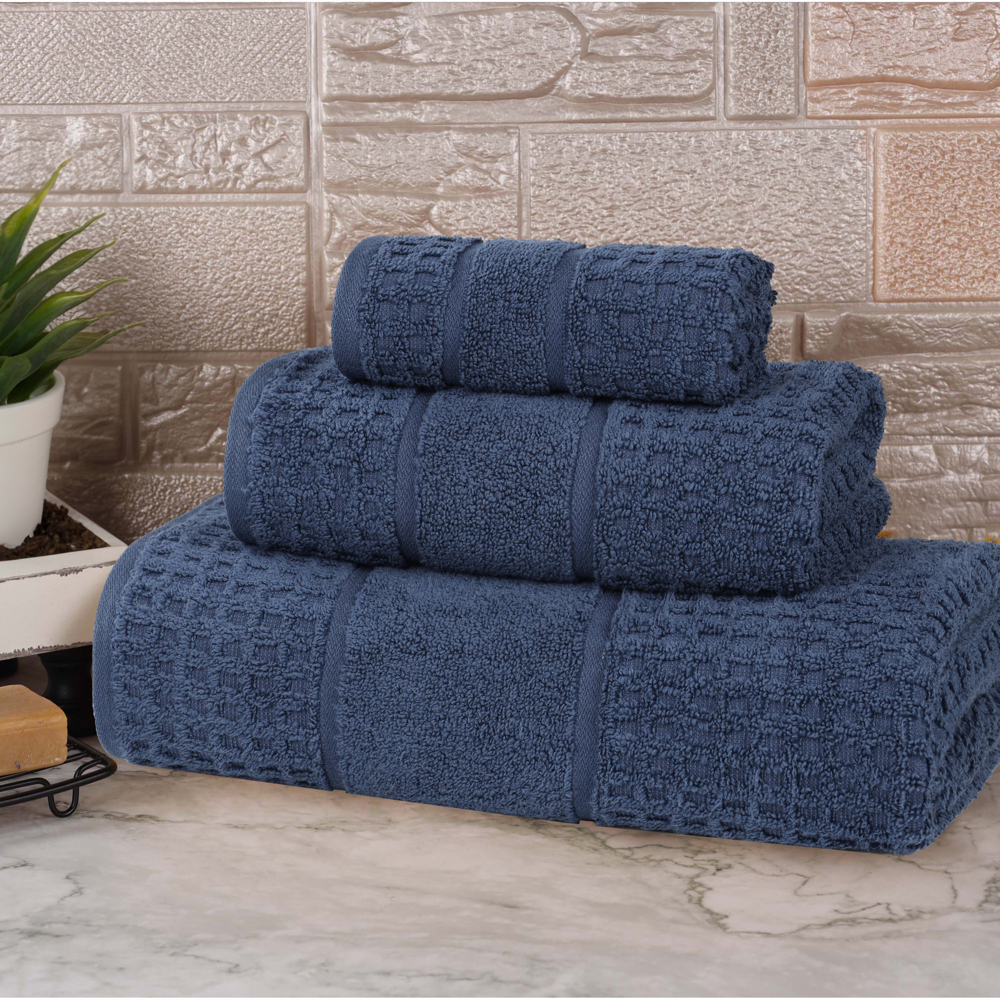 Hisela Zero Twist Cotton Solid Waffle Honeycomb Plush Soft Absorbent Medium Weight Assorted Towel Set, 3 Piece Towel Set
