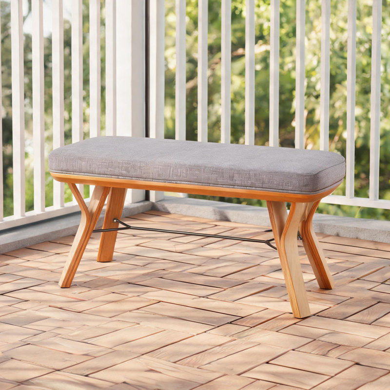 Gray-toned 2-Seat Mid-Century Modern Indoor Bench, Upholstered Fabric with Natural Wood Frame