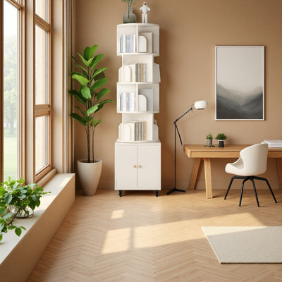 Bibliothèque rotative, bibliothèque d'angle à 5 niveaux à 360 degrés pour les petits espaces, support de rangement pour bibliothèque au sol, rangement étroit en bois pour la chambre à coucher et le salon