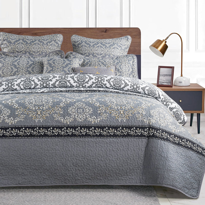 SERENTA Damask Bedding with Pillow Shams, King Coverlet + 6 Additional Pieces, Grey