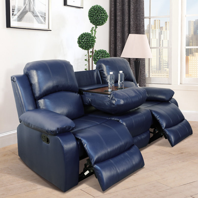 82'' Faux Leather Reclining Sofa, Blue Faux Leather