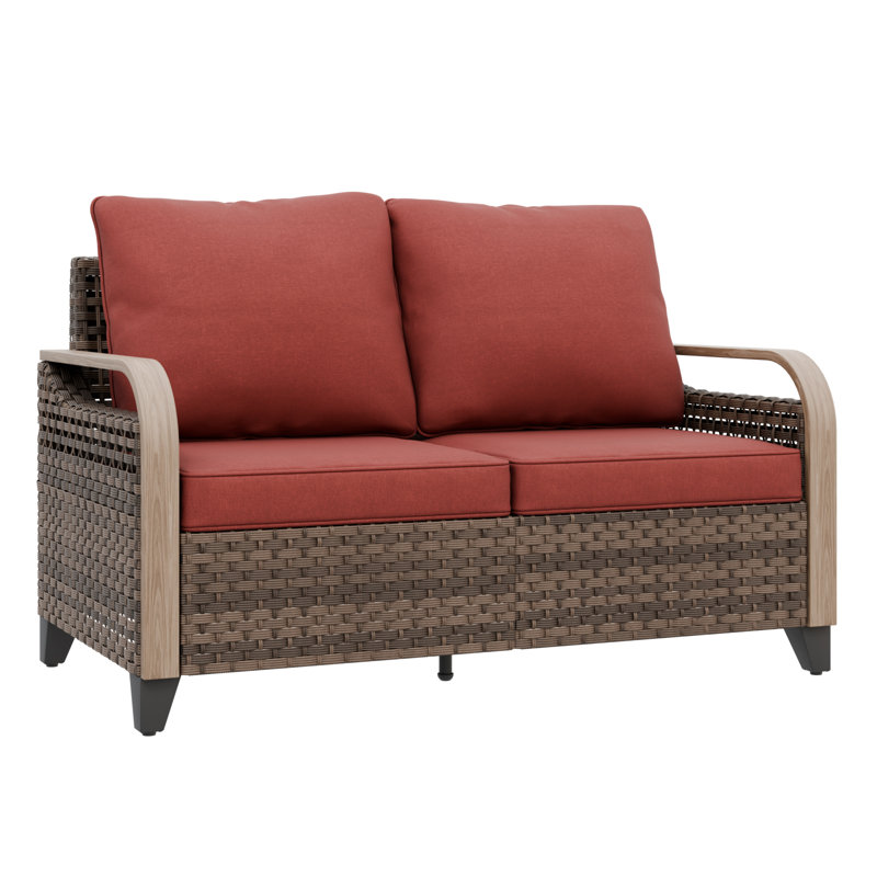 Outdoor Patio Brown Wicker Wood Grain Armrest Dining Loveseat with Cushion, Red