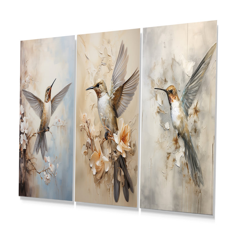 Ensemble de 3 décorations murales en métal «Hummingbird», H 28 po x l 36 po