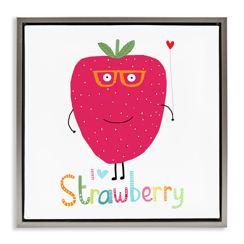 Art mural amusant sur toile flottante à la fraise par Carla Daly, Cadre gris, H 18 po x l 18 po