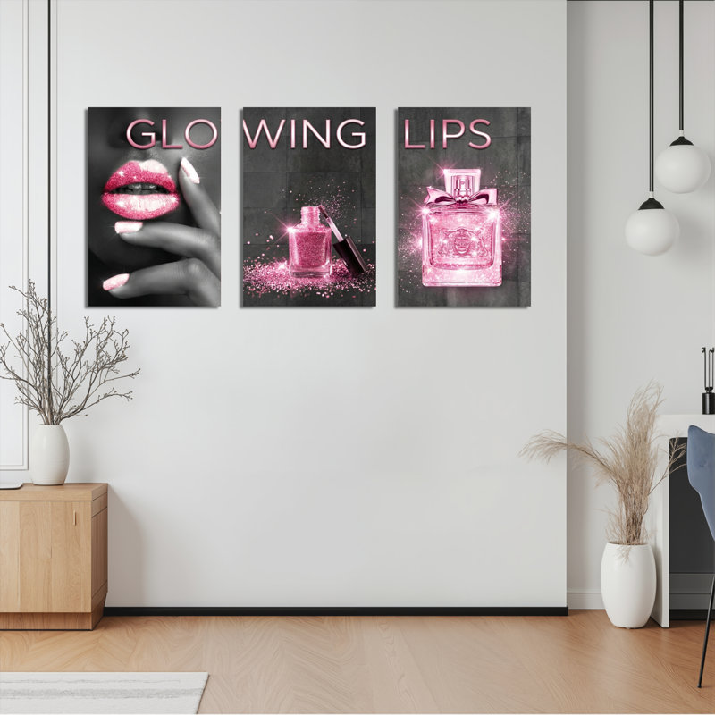 Ensemble de 3 toiles décoratives « Lèvres éclatantes », maquillage et parfum, H 20 po x l 30 po