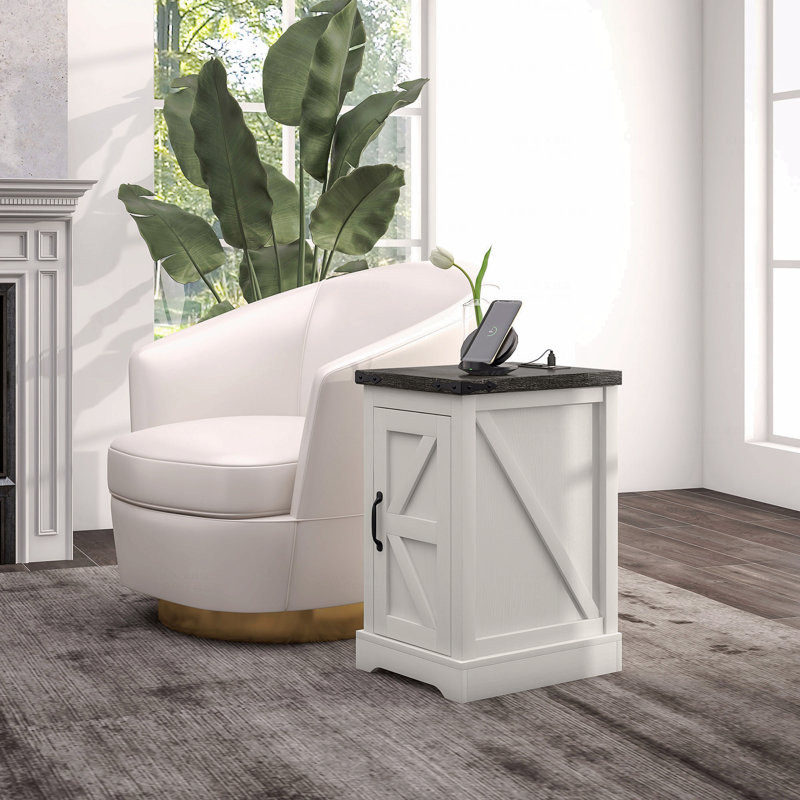 End Table with Charging Station and USB Ports, Farmhouse Side Table with Storage Cabinet for Living Room,wood